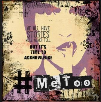 Image of a woman's face in purple with finger in front of her lips and words We all have stories so its time to acknowledge #MeToo