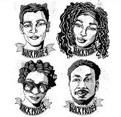 Four sketches of four young black people two men and two women with words Black Pride 4 under each of them like in a ribbon