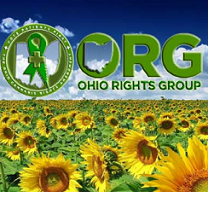 Field of sunflowers and the words ORG Ohio Rights Group