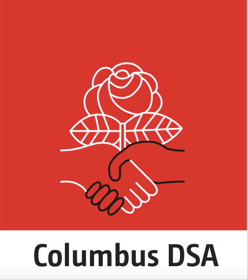 Red background with a black and white hand shaking and a white rose with the words Columbus DSA below