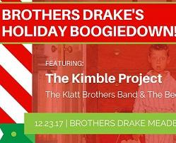 Red background, young boy in pajamas with surprised look on his face, words Brothers Drake Holiday Booigedown featuring the Kimble Project the Klatt Brothers 