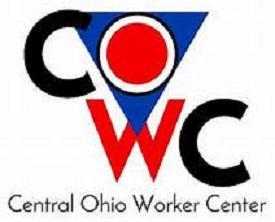 Logo of Central Ohio Worker Center with large COWC with red and black letters and the O in a blue triangle