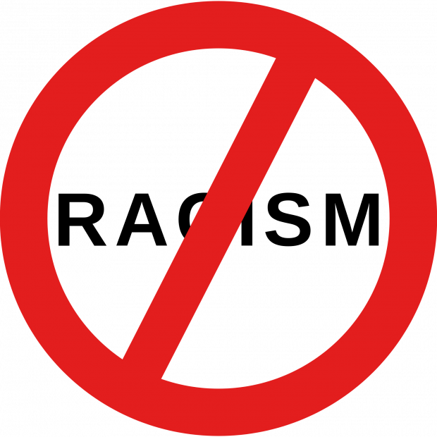 Word "racism" in a "No" symbol, a red circle with a line through it
