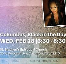 Pink and blue background like a map or grid, a photo of a pretty young black woman with a black dress in the top right and words Columbus, Black in the Day wed, Feb 28 6:30-8:30