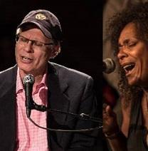 Two photos side by side one of a man in a hat singing at a mic and the other of a woman singing at a mic