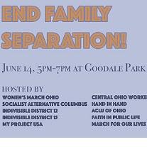 Light blue background and orange letters saying End Family Separation and then the details of the event