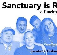 Blue and white photo with a family, two young boys, a young woman, a husband and a woman all with Latino look to them with word Sanctuary at top