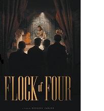 Book cover with words in tall gold letters Flock of Four and above the back silhouette of four people looking at a stage with a woman on the stage and curtains pulled back on both sides