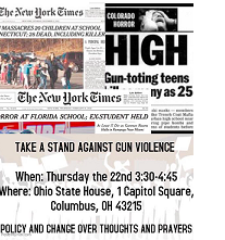 Two clips out of newspapers one with a photo of lots of kids running away from the school where the shooter was, the other talking about gun-toting teens and all the words about this event