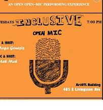 Drawing of a microphone against an orange background and words describing the event