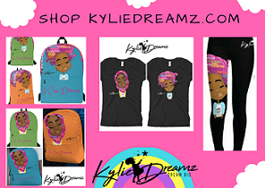 Clothes with picture of young black girl on them with words Shop KylieDreamz