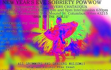 Psychedelic bright hot pink, yellow and blue swirly colors and a Native man dancing with word New Year's Eve Sobriety Pow Wow
