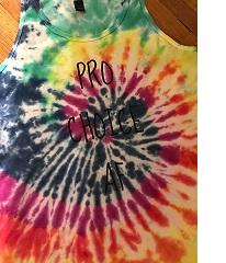 Sleeveless T-shirt with colorful tie-dye pattern in a spiral and the words Pro choice AF