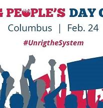 Silhouette drawings of blue and red and gray people in the fore ground with fists in the air and words People's Day and Columbus Feb 24 #unrigthesystem