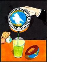 A hand with like an orange squeezer with the Earth inside pouring a liquid out of it in to a cup on a table, the other half of the world lying on the table and off to the left on the table are Saturn and two other planets