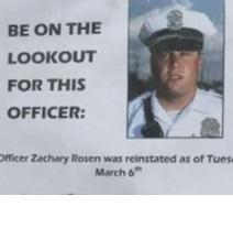 The photo of a white man in a big white police hate with black brim and badge on it scowling on his face and a cop uniform with the words a the left saying Be on the lookout for this officer
