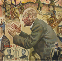 Painting of thin white bald man in a gray suit from a side view as he gestures and gives a speech