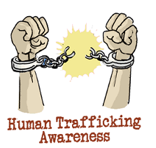 A drawing of two arms up in the air with fists where there are handcuffs being broken in two, a yellow burst of color where the handcuffs broke, and the words in red below, Human Trafficking Awareness