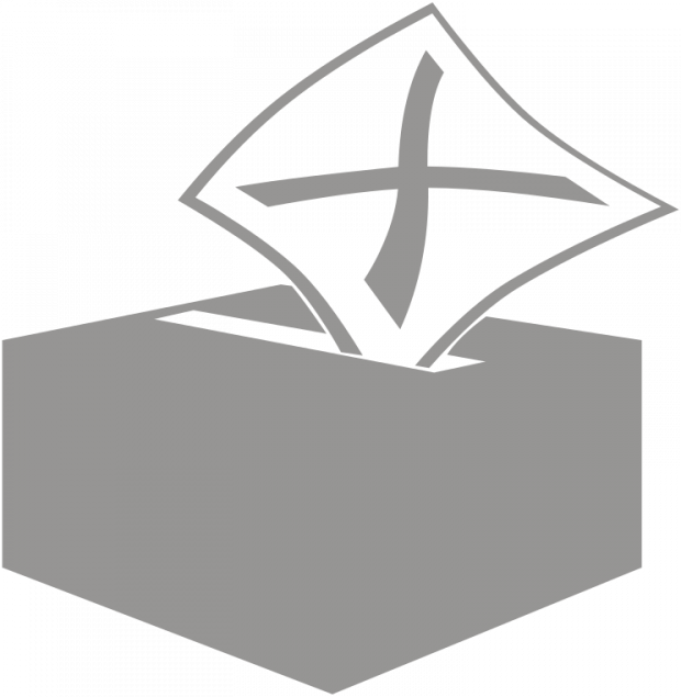 Gray rectangle box with open slot on top and piece of paper with an X on it like a ballot going inside
