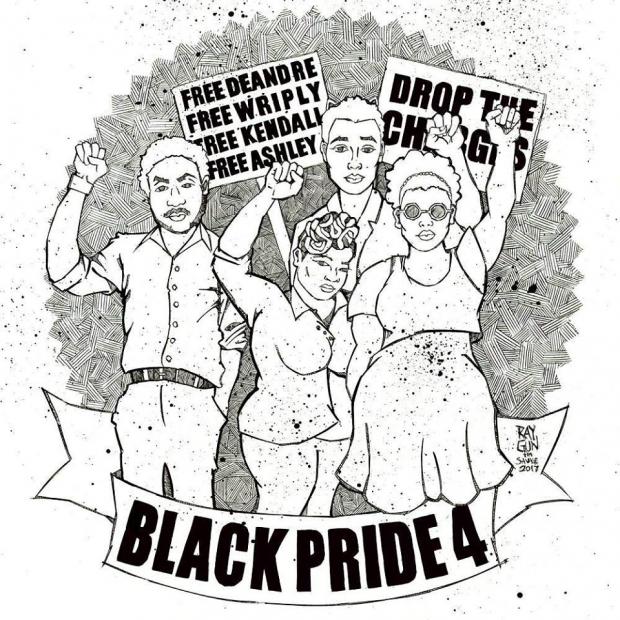 Black and white drawing of four black activists and signs that say Drop the Charges and BlackPride4
