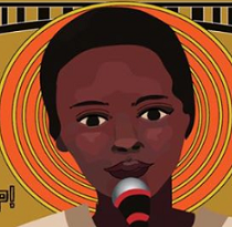 Drawing of black woman's face at a mic