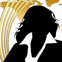 Black silhouette of a woman in a suit against a gold map of the US with five gold lines curving up the left side
