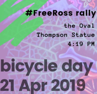 Purple background and words Bicycle Day 21 Apr 2019 and details of event