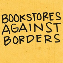 Yellow background and handwriting script saying Bookstores Against Borders