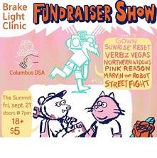 Words Brake light clinic fundraiser show and details about the event with pictures of animals