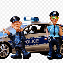 A man and woman cartoon cops one swinging handcuffs standing next to a police car