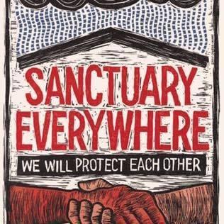 Drawing of two hands holding each other by the wrist and the words Sanctuary Everywhere we will protect each other