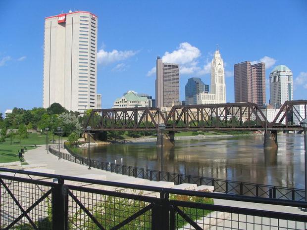 View of Downtown Columbus Ohio OH from North Bank Park Pavillion on Scioto River