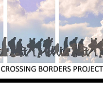 Clouds in background, silhouettes of people all traveling right and words Crossing Borders Project