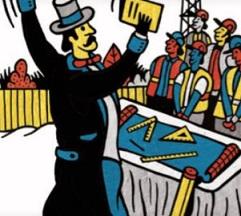 Colorful drawing of a man in hat with a long moustache holding a book in the air in front of a bunch of construction workers