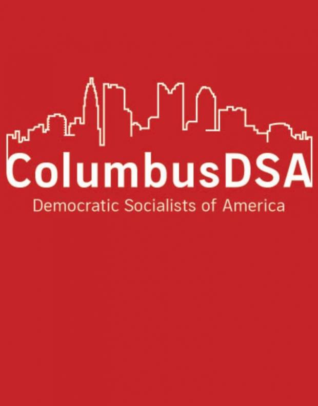 Red background with white letters Columbus DSA with Columbus skyline 