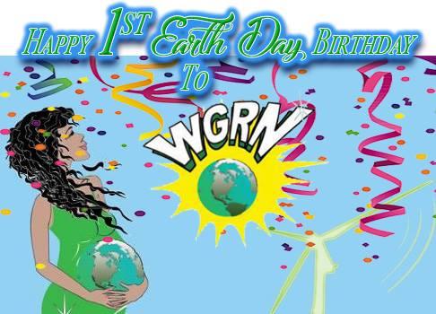 Women with the earth in her hands and words Happy 1st Earth Day Birthday WGRN