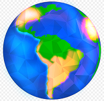 Drawing of colorful Earth with North and South America in gold and green against bright blue oceans