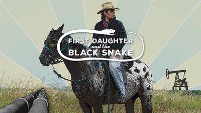 Cowby looking man in a wide brimmed beige hat on a horse with white background and black spots on its rear and the words First Daughter and the Black Snake