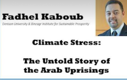 The Word Kaboub and half of a man's face, the words Climate Stress and the words The Untold Story of the Arab Uprisings