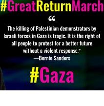 Words: #Great Return March at top, then quote marks then words The killing of Palestinians demonstrators by Israeli forces in Gaza is tragic. It is the right of all people to protest for a better future without a violent response. the quote is attributed to Bernie Sanders. at the bottom it says # Gaza