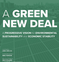 Bluish green background and words A Green New Deal with more details