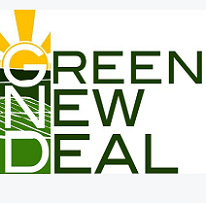 Words Green New Deal with a logo sun rays and solar panels