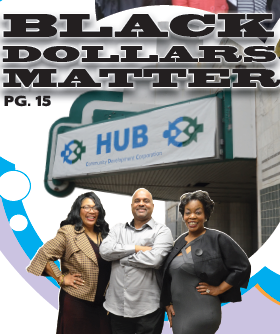 Three people standing in front of HUB