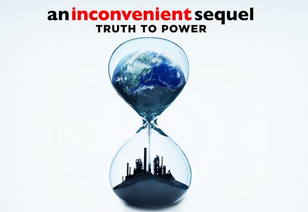 An hourglass with a skyline at the bottom and a mountain in the top with the words an Inconvenient sequel truth to power