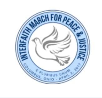 Dove in a circle with words Interfaith March for Peace & Justice