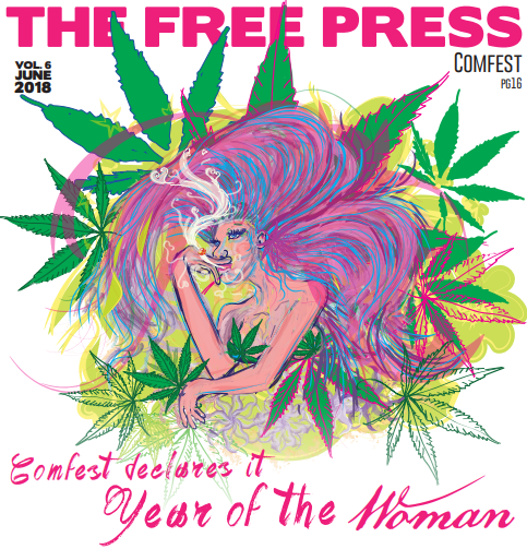 Drawing of a woman with large pink and purple hair with lots of marijuana leaves around and words Comfest declares the year of the woman and the FREE PRESS at top