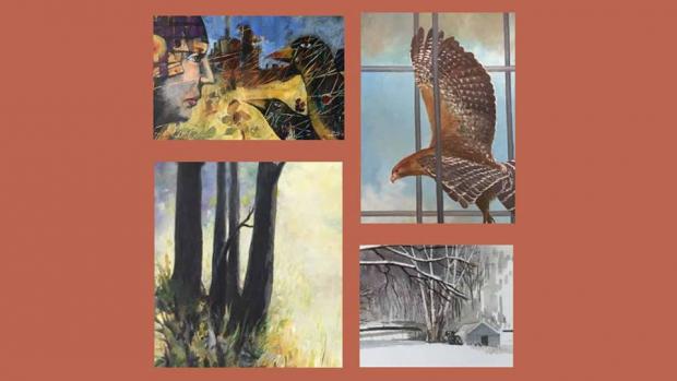 Four paintings one in each corner of a rust colored square, pictured are birds and a scene with snow and a house underneath trees