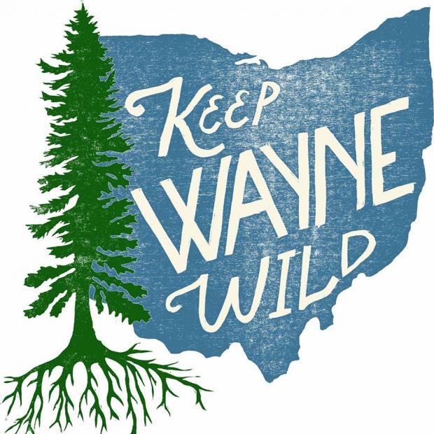 Logo of a pine tree, the state of Ohio in blue and words Keep Wayne Wild