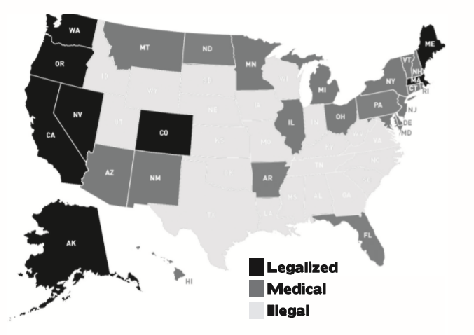 Map with states highlighted that legalized marijuana