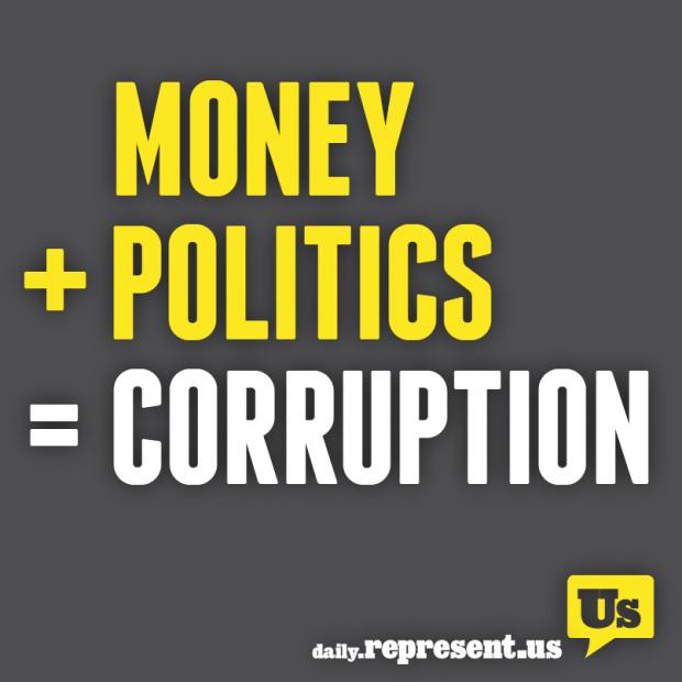 Grey background and words Money + Politics = Corruption